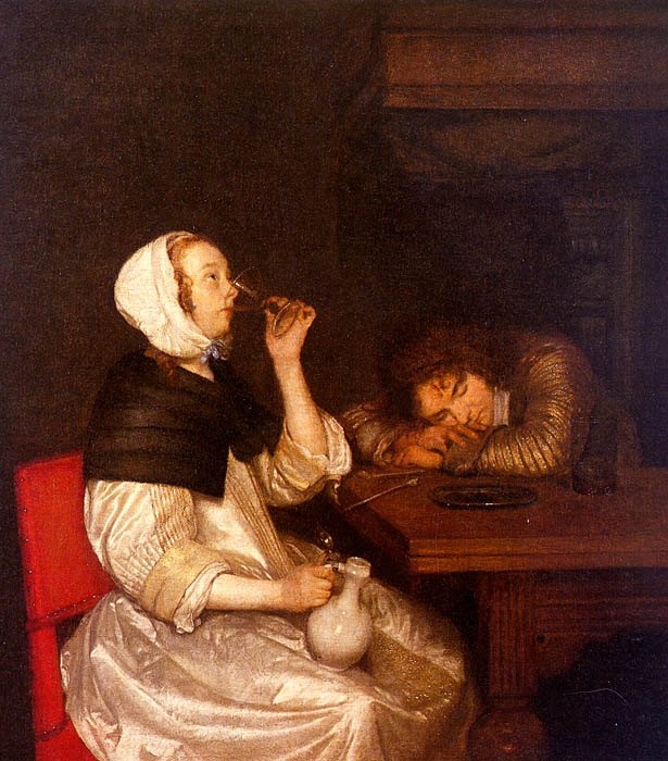 Woman Drinking with Sleeping Soldier