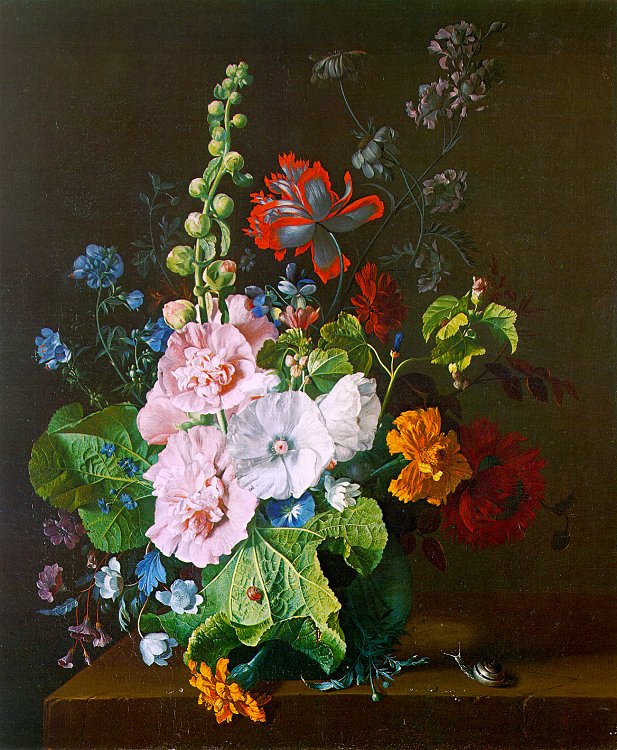 Hollyhocks and Other Flowers in a Vase